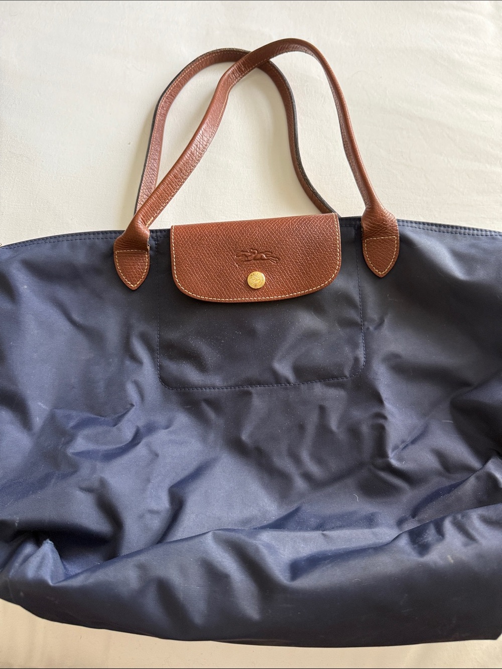 Longchamp Navy Tote with Brown Leather Trim
